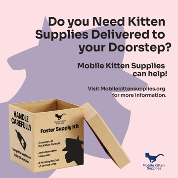 This instagram mockup post has a cardboard box in it.
				
				At the top right is the header: Mobile Kitten Supplies is here to help
				deliver supplies to kittens like this one. 
				
				Towards the middle right part of the composition is the phrase: Visit 
				Mobilekittensupplies.org for more information.
				
				On the bottom right part of the image is an all dark blue version of 
				Mobile Kitten Supplies's logo.
				
				Meanwhile, the background color is light pink, with a dark blue, partially faded
				headshot of the company's cat icon.